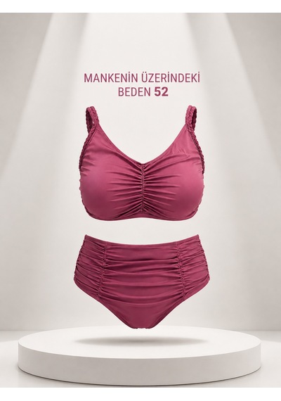 Büyük Beden Kaplı Büzgü Detaylı Sabit Pedli Siyah Bikini Takım Gülkurusu