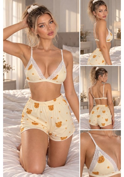 Hadpols Ev Stili Yıldızlı Set Kadın Sarı Ayıcık Baskılı Dantel Detaylı Bralet Ve Şortlu Pijama Takımı Diğer