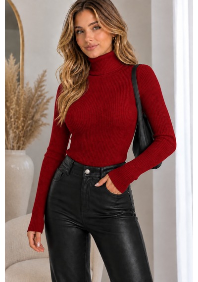 Feyece Unisex Premium Pamuklu Balıkçı Yaka Kaşkorse Şardonlu Slimfit Boğazlı Kazak Kırmızı