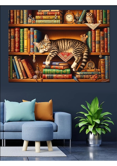 Ahşap Tablo Kitaplık Raflarında Gezinen Meraklı Kedi