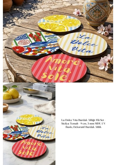 La Dolce Vita Bardak Altlığı 4lü Set Sicilya Temalı 9 Cm Mdf Çok Renkli