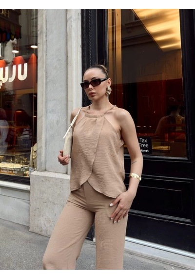 Defymoda Kadın Aerobin Kumaş Kruvaze Takım Krem