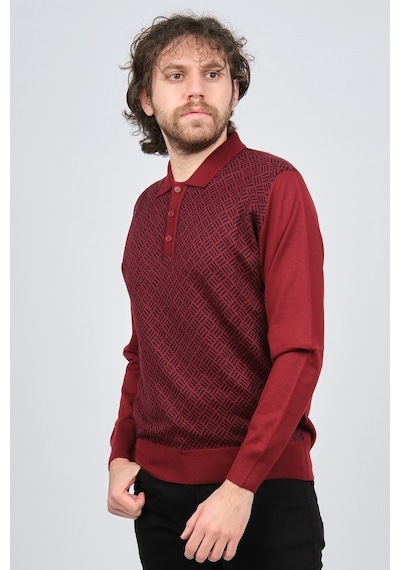 Pave Erkek Polo Yaka Desenli Yün Kazak 4537134 Bordo Bordo
