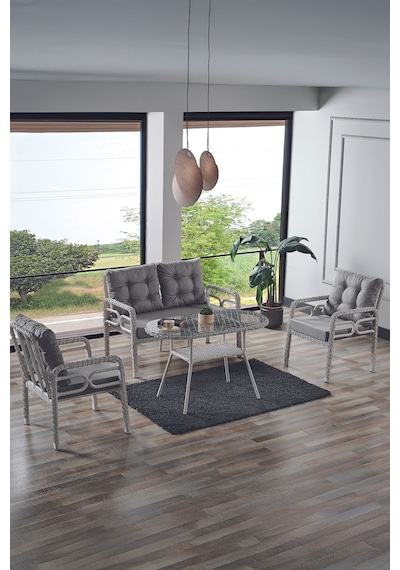 Rio Rattan Bahçe Balkon Oturma Takımı 2+1+1+camlı Masa Kemik Rengi Kemik