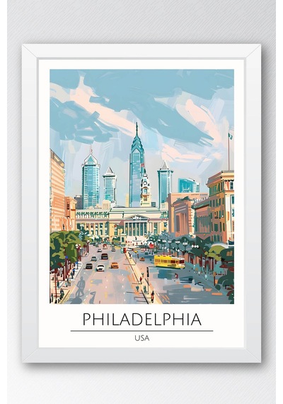 Abd Philadelphia Temalı Çerçeveli Tablo Travel Serisi Modern İllüstrasyon Şehir Duvar Dekoru Beyaz