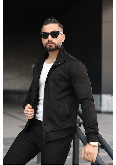 Baselco Dik Yaka Slim Fit Mevsimlik Astarlı Süet Ceket Siyah
