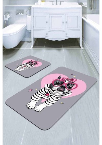 Gri Hayvan Temalı Banyo Halısı Klozet 2'li Paspas Seti Bs271n11