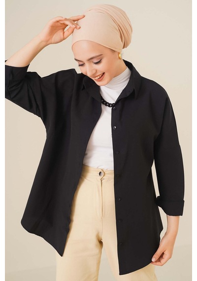Bigdart 103901 Oversize Basic Tesettür Gömlek - Siyah 001