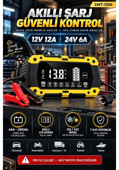 Tr Akıllı Akü Şarj Cihazı 12v 12a / 24v 6a, 4ah-200ah Lcd Ekranlı Akü Bakım Cihazı, Kış Yaz Modu, Pulse Repai