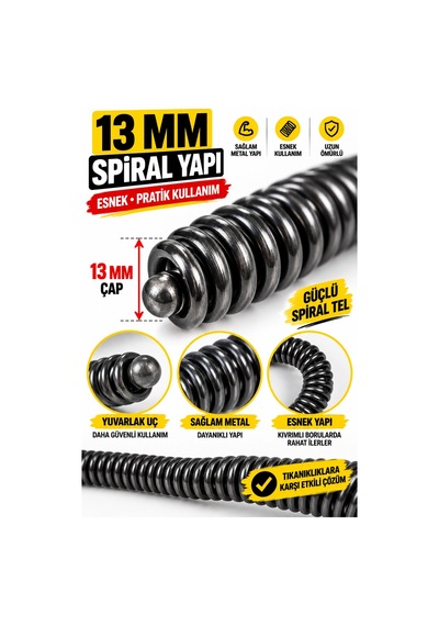 13 Mm X 15 Metre Spiral Kanal Açıcı Ahşap Saplı Manuel Gider Açma Teli, Uzun Erişimli Tesisat Spir