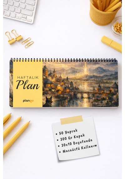 Tarihsiz Spiralli Haftalık Masaüstü Planlayıcı - Şehirde Gece - 10x30 Cm Plango Turkuaz