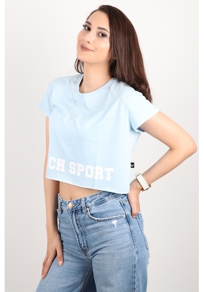 Rich Kadın Kısa Kollu Crop Bluz Mavi