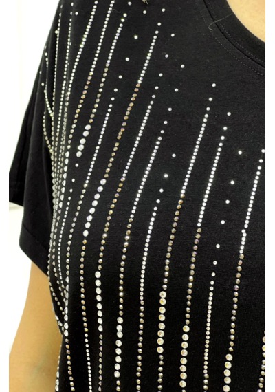 Rich Glam Bol Kesim Bisiklet Yaka Büyük Beden Crystal Taşlı Kadın T-shirt