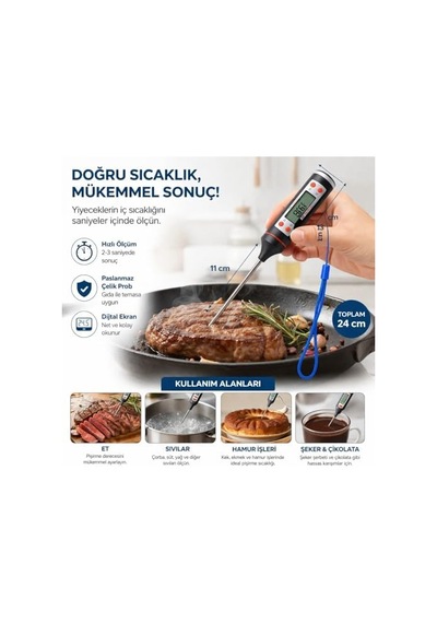 Dijital Mutfak Termometresi Paslanmaz Çelik Prob, Hızlı Ölçüm, Lcd Ekranlı Gıda Termometresi, Et Sıvı Hamur Şeker Ölçümü, 24 Cm Uzunluk Ahşap