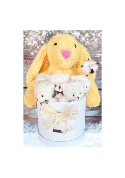 Özel Kutuda, Sarı Jellycat Tavşan, 5 Beyaz Ayıcık Pamuk Çiçeği Dokunuşlu, Özel Ayıcık Buketi