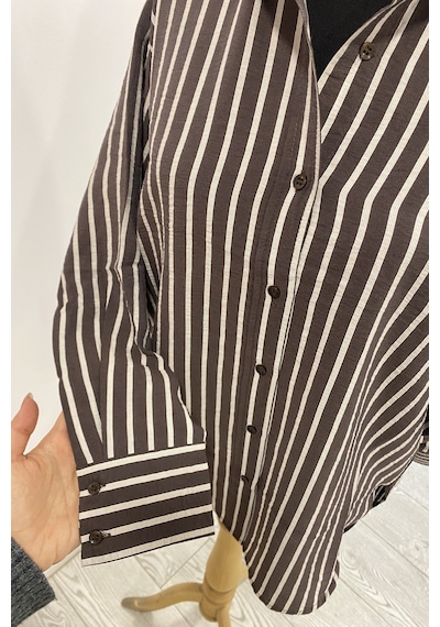 Pera Moda Oversize Çizgili Modal Gömlek Kahverengi