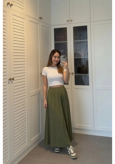 Kadın Haki Poplin Kumaş Uzun Etek Beli Lastikli Günlük Maxi Etek 90 Cm