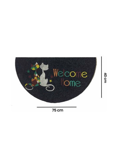 Gizz Home Boyalı Megan Kapı Paspası - Yarımay Gri Welcome Kediler - 40x75 Cm Çok Renkli
