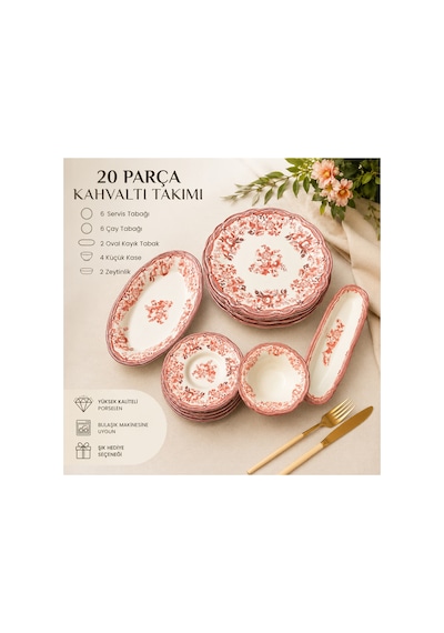 Porser Velour Maroon 20 Parça Kahvaltı Takımı , Porselen Kahvaltı Takımı Pembe