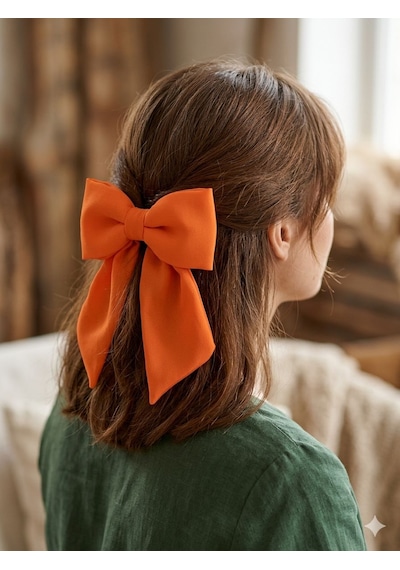 Jz Shop Şifon Fiyonk Otomatik Klipsli Toka - Farklı Renk Seçenekli Kurdele Saç Aksesuarı Turuncu