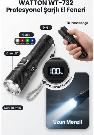 Wt-732 Cree Tg Led Göstergeli Şarjlı El Feneri Güvenlik Feneri Modlu Siyah