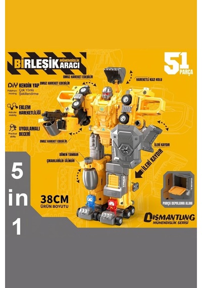 5 İn 1 Dönüşen Robot İş Makineleri Seti - Sök Tak Parçalanabilir Eğitici Oyuncak 51 Parça