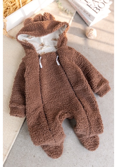 Babymod Kışlık Premium Kalite Kız Peluş Erkek Bebek Tulum Kahverengi