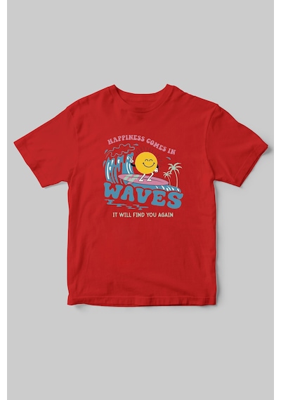 Denizde Sörf Güneş Baskılı Yazlık %100 Pamuk Kırmızı T-shirt Kırmızı