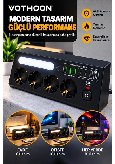 Çoklu Gece Lambalı Üçgen Priz Akım Korumalı 4'lü Priz 3xusb 3xtype-c Çıkışlı Grup Priz Siyah 2 M