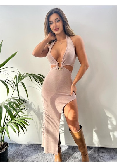 Pink Life Bej Buzzy Kumaş Tokalı Göğüsü Bağlamalı Bel Detaylı Elbise Bej