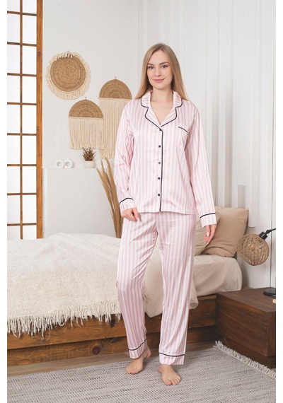Lüks Saten Pijama Takımı Düğmeli, Cepli Ve Arabiyeli PEMBE