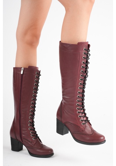 Analin Shoes Kadın Hakiki Deri Bağcıklı Topuklu Çizme Bordo