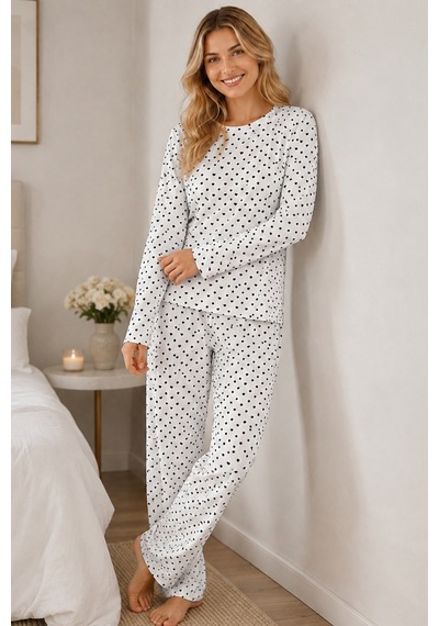 Kadın Kalpli Uzun Kol Rahat Pijama Takımı 4673 Beyaz