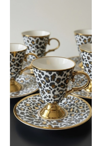 Leopar Detaylı 6 Kişilik Kahve Fincanı Takımı Kosova Leopar Desenli Porselen Fincan Takımı