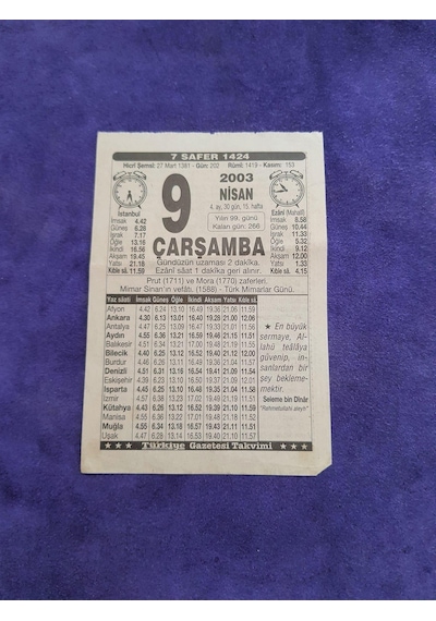 9 Nisan 2003 Takvim Yaprağı - Nostaljik Koleksiyonluk Takvim Yaprağı