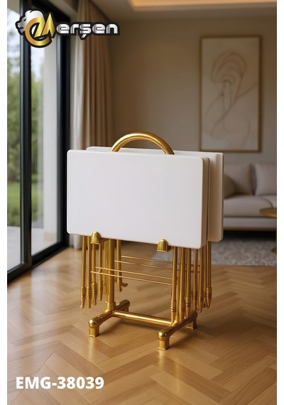 Eranş Serisi 4'lü Katlanır Mdf Mebran Ahşap Çanta Zigon Sehpa Gold Ayak Beyaz Desen Gold Ayak