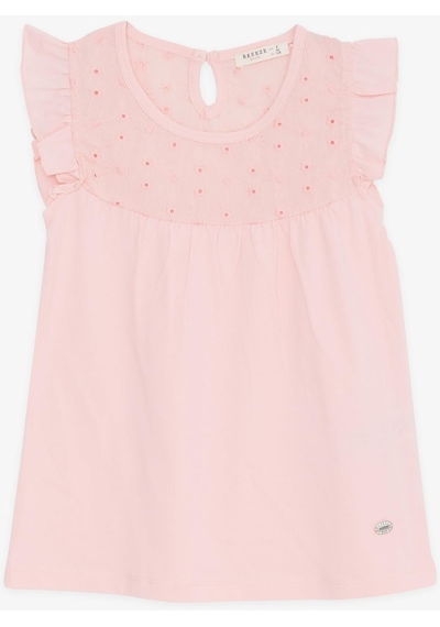 Breeze Kız Çocuk Tişört Fırfırlı Nakışlı 4-8 Yaş, Pembe-Pembe