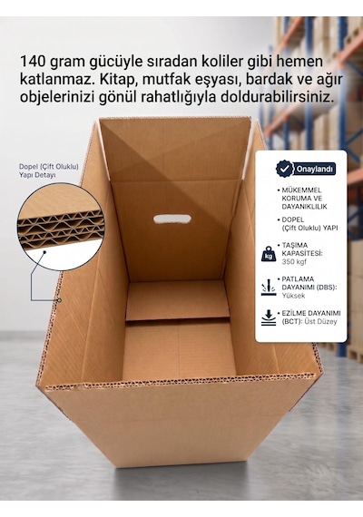 Yumeo Premium Ev Taşıma Kolisi 50x30x40 Cm - Tutma Yerli Çift Oluklu Kraft Kutu 60 Lt - 10 Adet