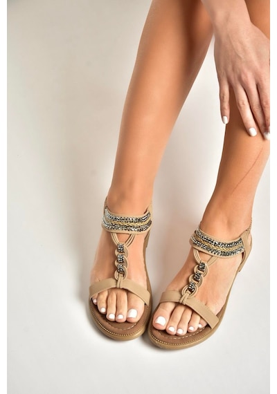 Fox Shoes Y274601309 Ten Düz Tabanlı Taş Detaylı Kadın Sandalet Ten