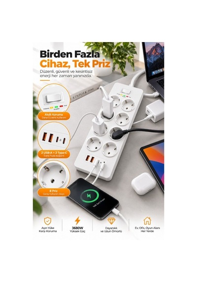 8 Prizli Çoklu Priz 3680w 2 Usb-a + 2 Type-c Akım Korumalı Güç Dağıtıcı 0 - 2 M