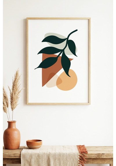 Doğal Ahşap Çerçeveli Minimal Yaprak Desenli Tablo - Canlı Tonlar Huhu1456