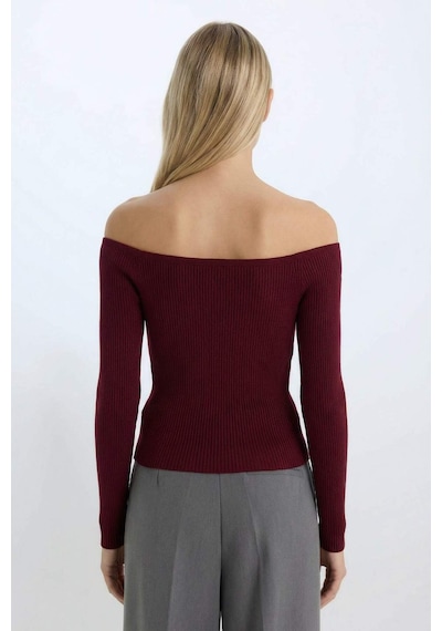 Defacto Fitted Açık Omuz Basic Düz Bordo Triko Kazak E0314AX24WNBR115 Bordo