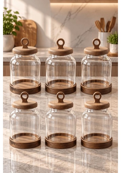 Atbyhome 6'lı Akasya Altlıklı Halka Kulplu Cam Erzak Kavanozu 1100 Ml - Vakumlu Kiler Bakliyat Saklama Kabı Seti Ahşap