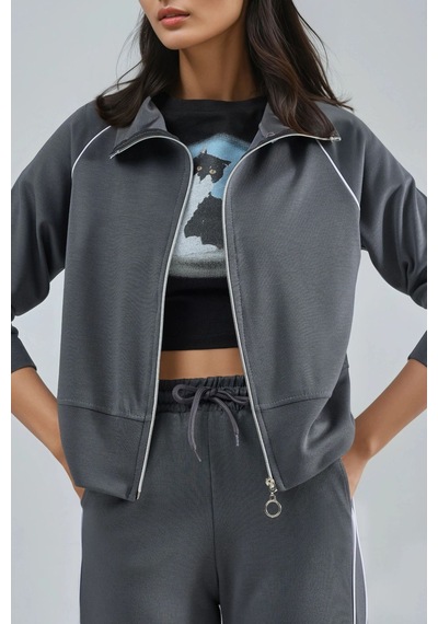 Hiccup Modal Dokulu Fermuarlı Sweatshirt & Pantolon İkili Takım Berşan Collection Gri
