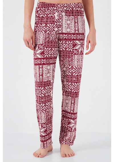 Lela Desenli Regular Fit Apaş Yaka Beli Lastikli Bol Paça Bayan Pijama Takımı 65714300 Bordo