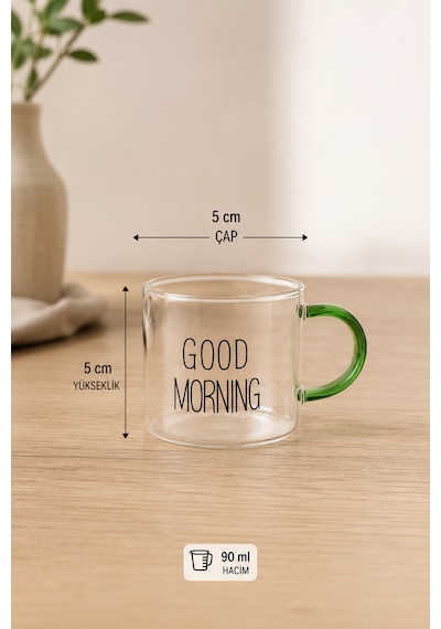Good Morning 6'lı Borosilikat Cam Kahve Ve Çay Bardağı Seti 90 Ml Renkli Kulplu 6 Adet Çok renkli