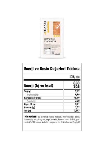 Mionel Glutensiz Tost Baton Ekmek 300 G - Süt Ve Yumurta İçermeyen Vegan Tost Ekmeği Diğer