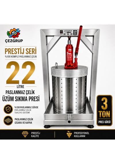 Çezgrup Prestij 22 Litre Full 304 Paslanmaz Çelik Üzüm Sıkma Presi 3 Ton Krikolu Profesyonel Seri