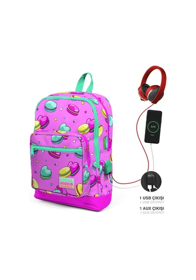 Coral High Okul Çantası Ve Beslenme Çantası Seti - Kız Çocuk Pembe Makaron - Usb Soketli