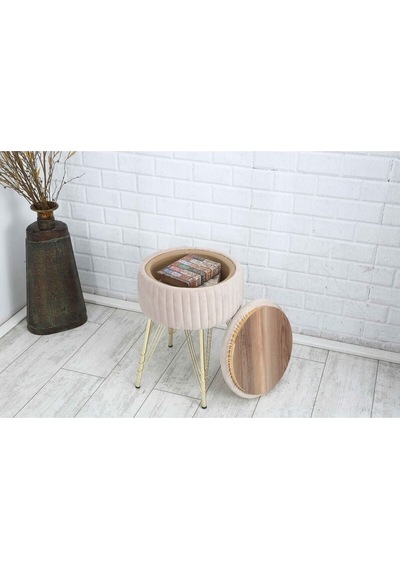 Bianco Metal Ayaklı Sehpalı Puf Altın Bej Gold Beige